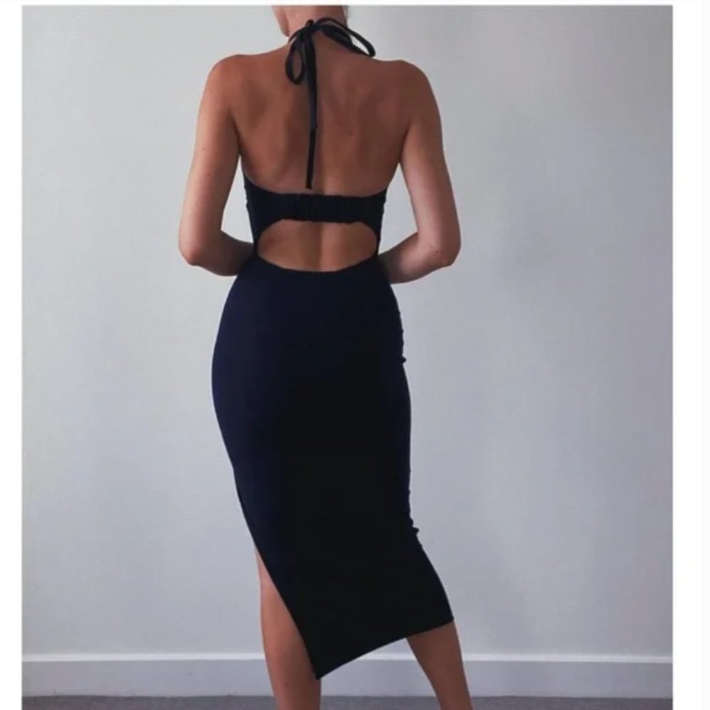 AYM Warren Midi Dress in Navy Blue Halter Size L